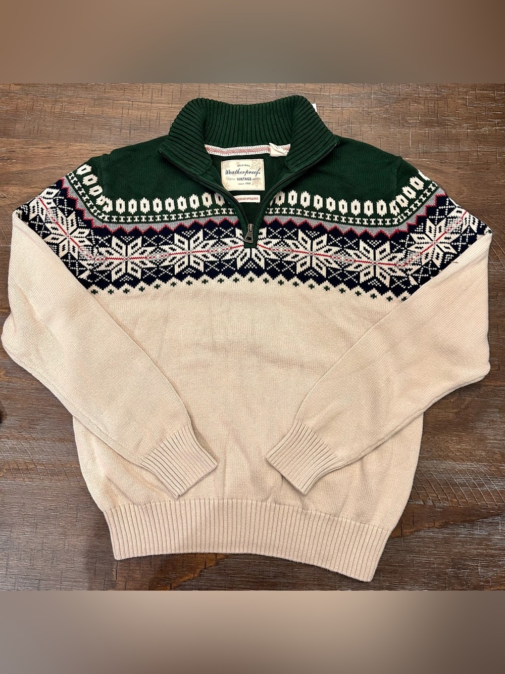 Weatherproof Men's Fair Isle Half-Zip Sweater in Green, Cream, Navy vintage